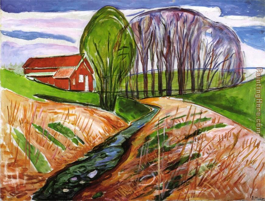 Spring landscape at the red house 1935 painting - Edvard Munch Spring landscape at the red house 1935 art painting